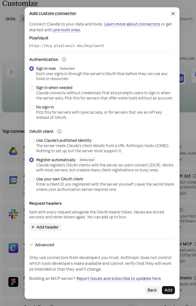 Connector authentication settings with Sign in now and Register automatically selected.