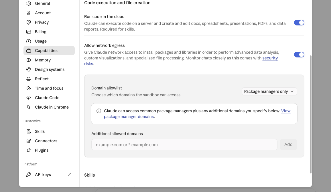 Claude Capabilities settings showing network egress enabled, the domain allowlist dropdown, and the additional allowed domains field.